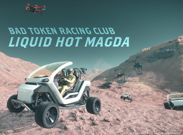 Image: Two citizens in an electric cart careen over pebbled desert, pursued by other racers.  A Rescue ship floats above while in the background the cargo ship used as a starting line sits idle on a mountainside.