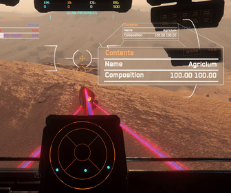 Image: A view from the cockpit of the MOLE as three lasers converge on a rock some distance below.  A portion of the User Interface is highlighted, reading 'AGRICIUM 100.0 100.0'